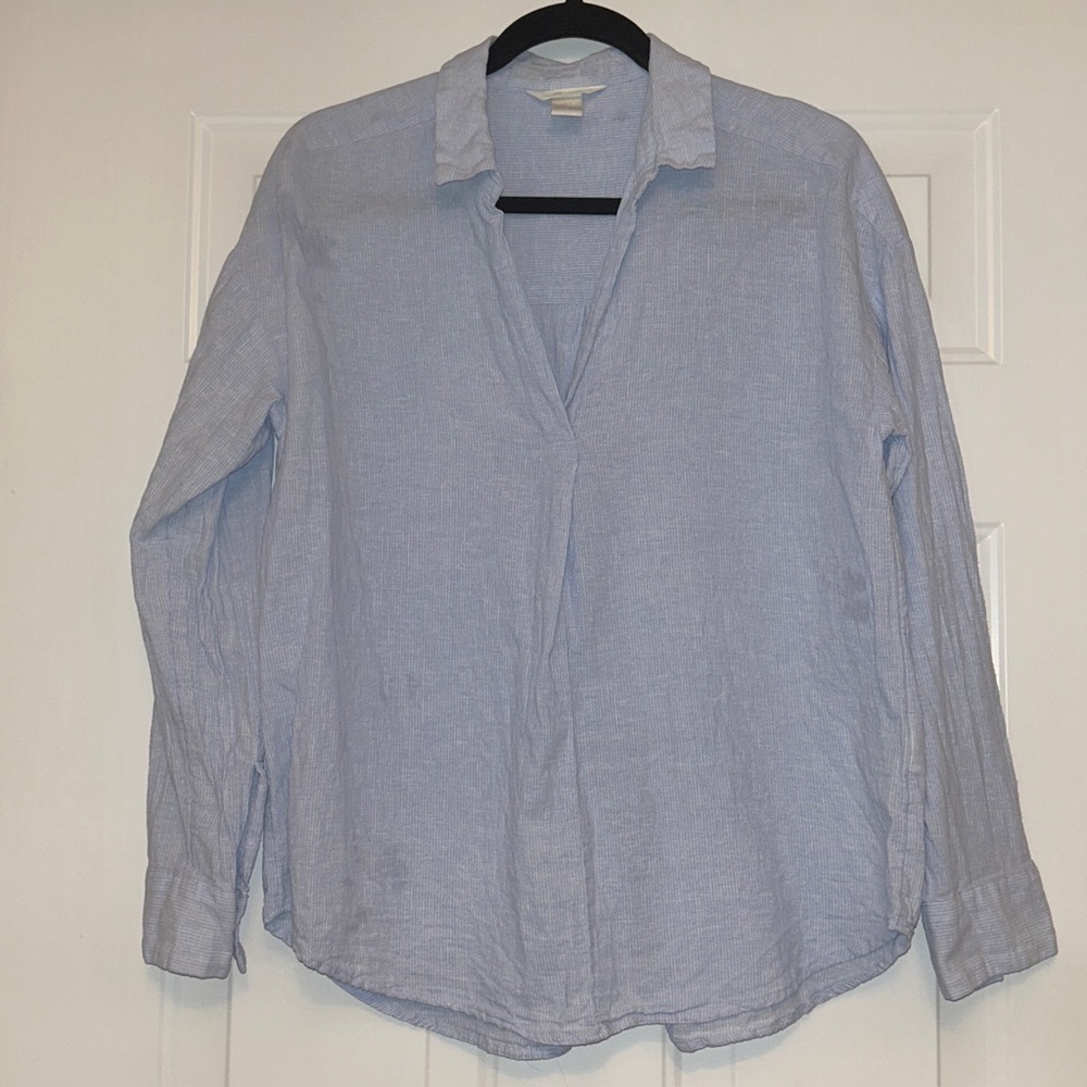 H&M Linen Blend Relaxed V-Neck Top Blue 2 Lightweight Casual Summer